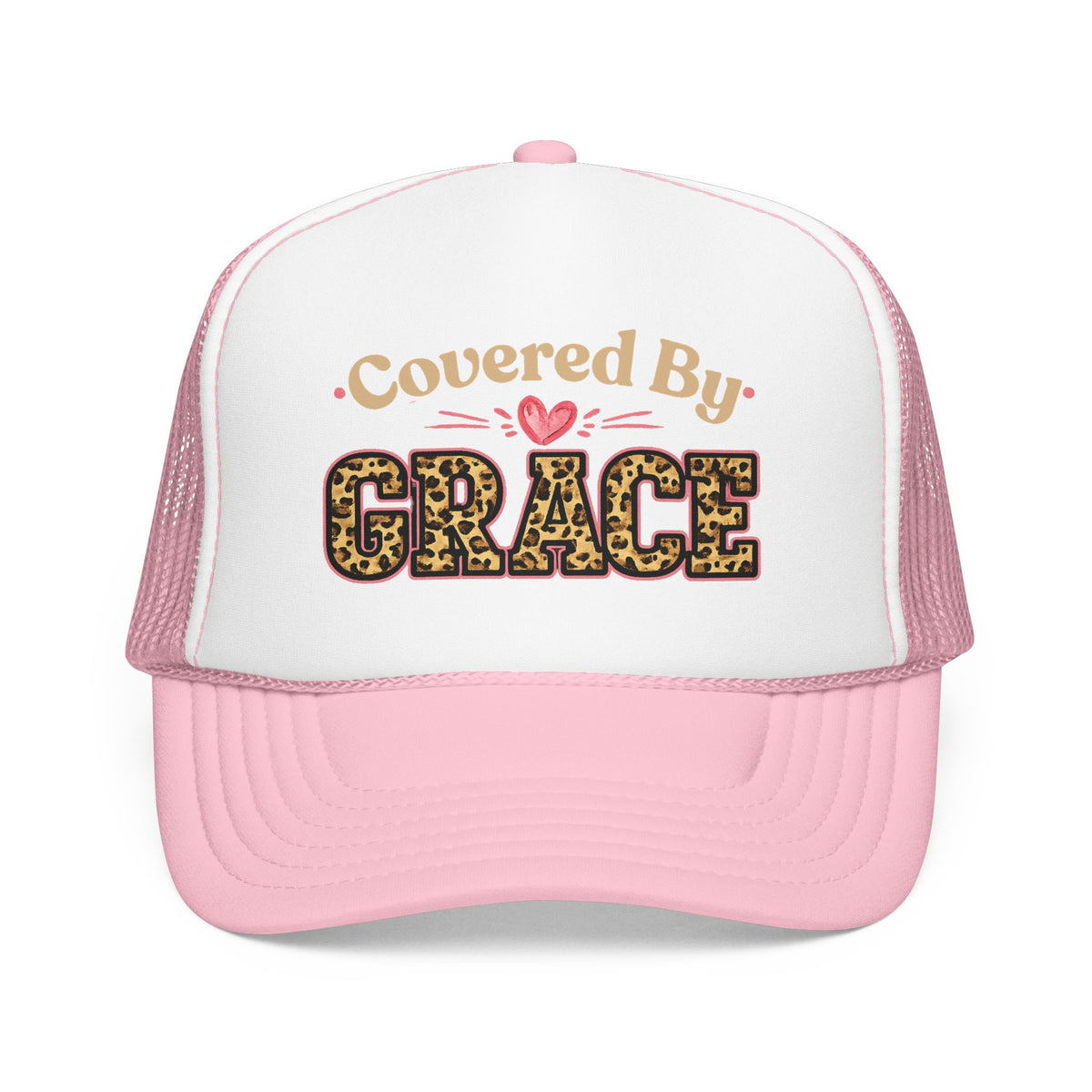 Covered By Grace Pink Trucker Hat — Leopard Script Christian Faith Cap