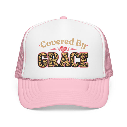 Covered By Grace Pink Trucker Hat — Leopard Script Christian Faith Cap