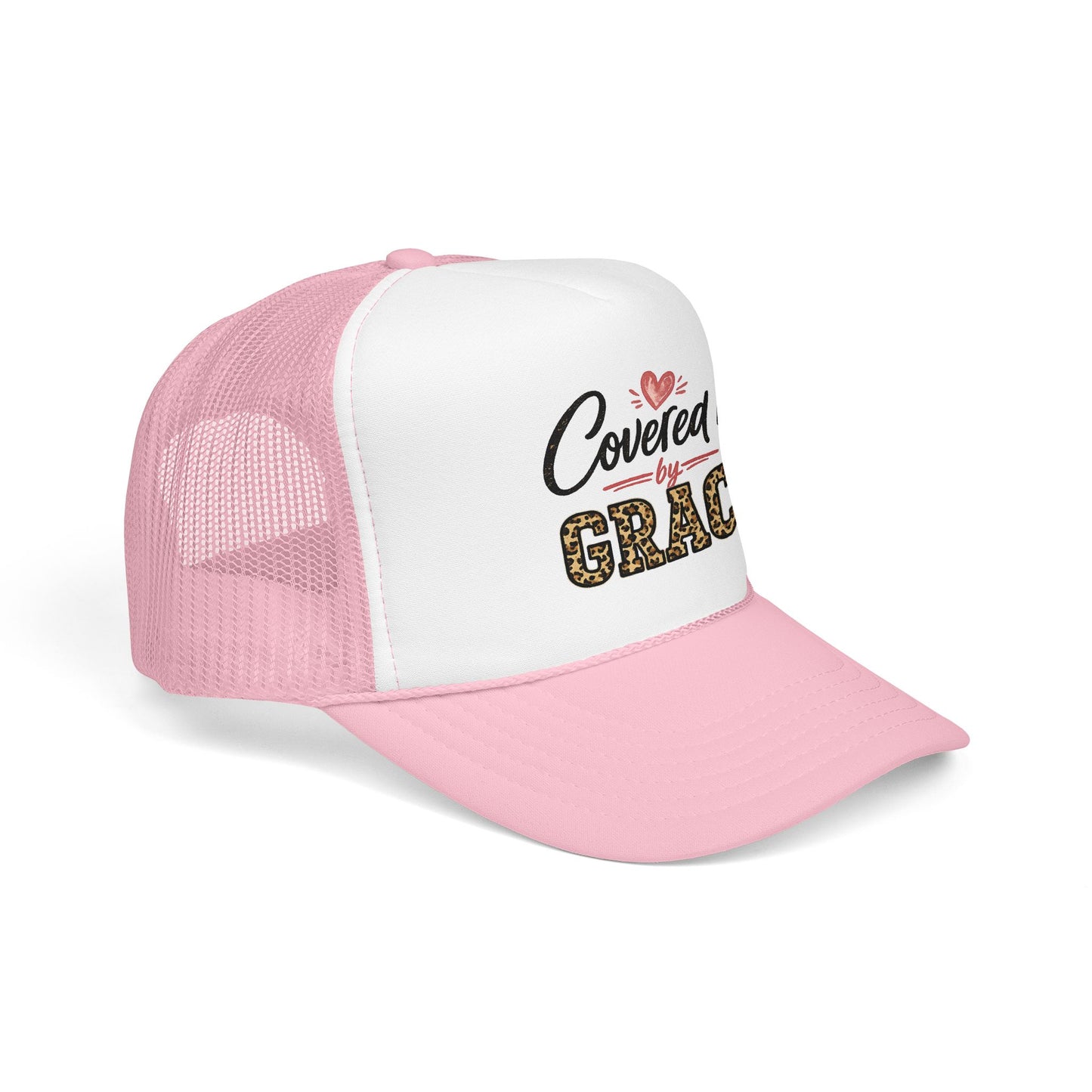 Covered By Grace Pink Trucker Hat — Leopard Script Christian Faith Cap