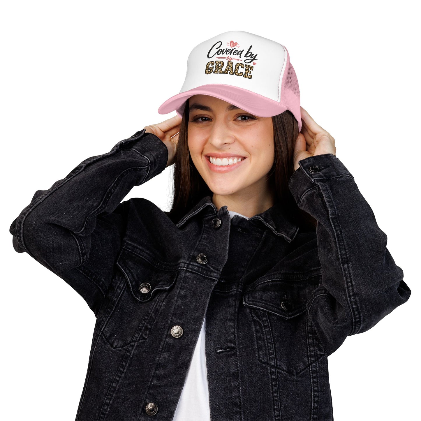 Covered By Grace Pink Trucker Hat — Leopard Script Christian Faith Cap