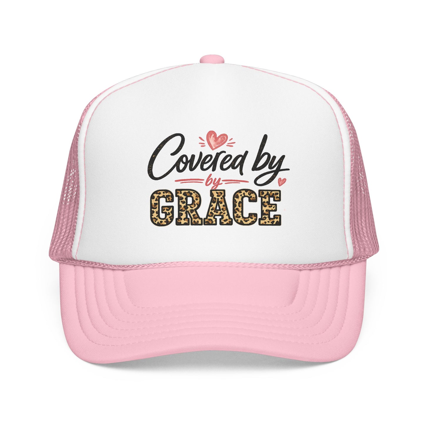 Covered By Grace Pink Trucker Hat — Leopard Script Christian Faith Cap